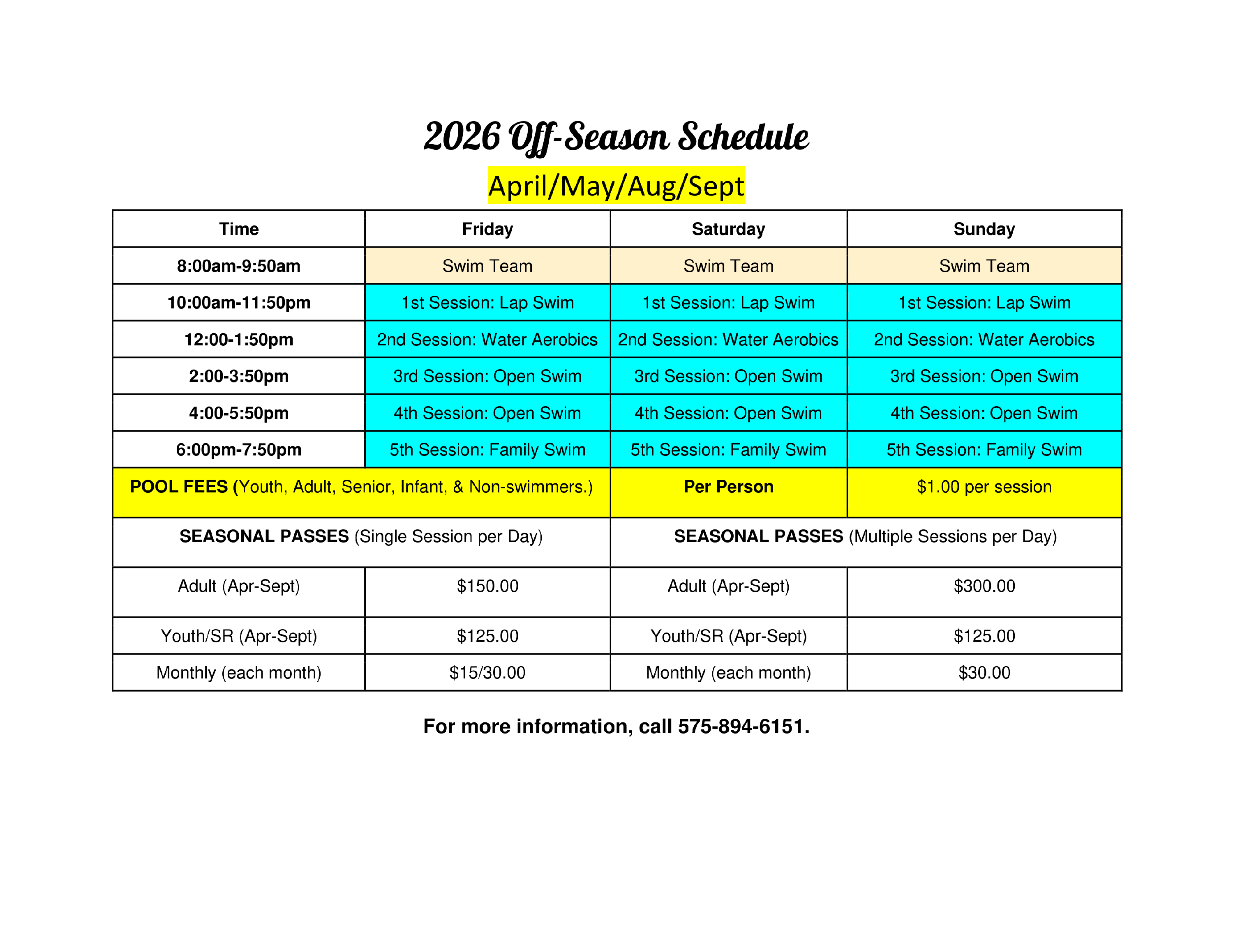 Pool schedule off season